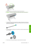 Page 371.Remove the right-hand end of the spindle from the printer, then the other end.
WARNING!Do not insert your fingers into the spindle supports during the removal process.
2.The spindle has a stop at each end to keep the roll in position. The blue stop can be removed to
mount a new roll; it slides along the spindle to hold rolls of different widths. Remove the blue paper
stop from the end of the spindle.
3.If your roll has a three-inch cardboard core, ensure that the core adaptors supplied with the...