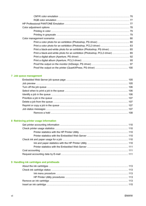 Page 6CMYK color emulation ....................................................................................................... 76
RGB color emulation .......................................................................................................... 77
HP Professional PANTONE Emulation .............................................................................................. 77
Color adjustment options...