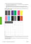 Page 174The print is divided into two parts, both of which test printhead performance.
●Part 1 (top) consists of rectangles of pure colors, one for each printhead. This part represents the
print quality that you will get from each color.
●Part 2 (bottom) consists of small dashes, one for each nozzle on each printhead. This part
complements the first, and aims more specifically to detect how many faulty nozzles each printhead
has.
Please look carefully at the print. The names of the colors are shown above the...