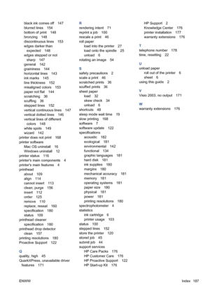 Page 197black ink comes off 147
blurred lines 154
bottom of print 148
bronzing 148
discontinuous lines 153
edges darker than
expected 148
edges stepped or not
sharp 147
general 142
graininess 144
horizontal lines 143
ink marks 145
line thickness 152
misaligned colors 153
paper not flat 144
scratching 36
scuffing 36
stepped lines 152
vertical continuous lines 147
vertical dotted lines 146
vertical lines of different
colors 148
white spots 149
wizard 142
printer does not print 168
printer software
Mac OS uninstall...