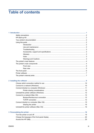 Page 3Table of contents
1  Introduction ..................................................................................................................................................... 1
Safety precautions ................................................................................................................................ 2
HP Start-up Kit ..................................................................................................................................... 2
Your printers...