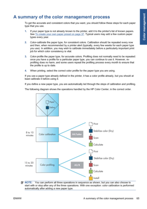 Page 75A summary of the color management process
To get the accurate and consistent colors that you want, you should follow these steps for each paper
type that you use.
1.If your paper type is not already known to the printer, add it to the printers list of known papers.
See 
To create your own paper preset on page 37. Typical users may add a few custom paper
types every year.
2.Color-calibrate the paper type, for consistent colors. Calibration should be repeated every now
and then, when recommended by a...