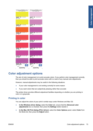 Page 83Color adjustment options
The aim of color management is to print accurate colors. If you perform color management correctly,
then you should be able to print accurate colors with no need of any manual color adjustments.
However, manual adjustments may be useful in the following situations:
●If your color management is not working correctly for some reason
●If you want colors that are subjectively pleasing rather than accurate
The printer driver provides different adjustment facilities depending on...