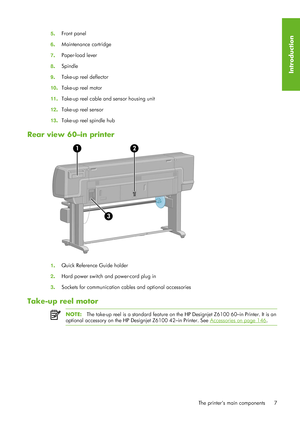 Page 195. Front panel
6 . Maintenance cartridge
7 . Paper-load lever
8 . Spindle
9 . Take-up reel deflector
10 .Take-up reel motor
11 .Take-up reel cable and sensor housing unit
12 .Take-up reel sensor
13 .Take-up reel spindle hub
Rear view 60–in printer
1
. Quick Reference Guide holder
2 . Hard power switch and power-cord plug in
3 . Sockets for communication cabl
es and optional accessories
Take-up reel motor
NOTE:The take-up reel is a standard feature on th e HP Designjet Z6100 60–in Printer. It is an...