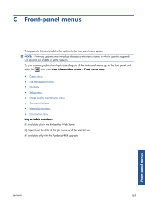 Page 197C Front-panel menus
This appendix lists and explains the options in the front-panel menu system.
NOTE:Firmware updates may introduce changes to th e menu system, in which case this appendix
will become out of date in some respects.
To print a more graphical and up-to-date diagram of  the front-panel menus, go to the front panel and
select the 
 icon, then  User information prints  > Print menu map .
●
Paper menu
●
Job management menu
●
Ink menu
●
Setup menu
●
Image quality maintenance menu
●
Connectivity...