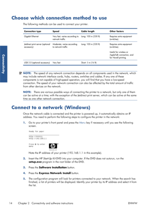 Page 22Choose which connection method to use
The following methods can be used to connect your printer.
Connection type Speed Cable lengthOther factors
Gigabit Ethernet Very fast; varies according to
network traffic Long: 100 m (328 ft) Requires extra equipment
(switches).
Jetdirect print server (optional
accessory) Moderate; varies according
to network trafficLong: 100 m (328 ft) Requires extra equipment
(switches).
Useful for wireless or
AppleTalk connection, and
for Novell printing.
USB 2.0 (optional...