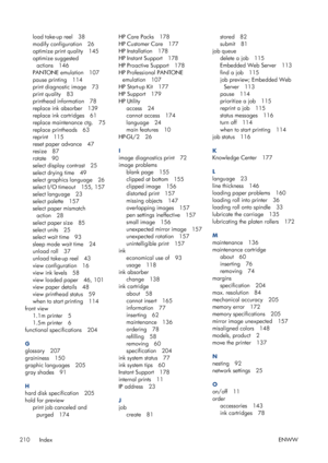 Page 218load take-up reel 38
modify configuration 26
optimize print quality 145
optimize suggestedactions 146
PANTONE emulation 107
pause printing 114
print diagnostic image 73
print quality 83
printhead information 78
replace ink absorber 139
replace ink cartridges 61
replace maintenance ctg. 75
replace printheads 63
reprint 115
reset paper advance 47
resize 87
rotate 90
select display contrast 25
select drying time 49
select graphics language 26
select I/O timeout 155, 157
select language 23
select palette...