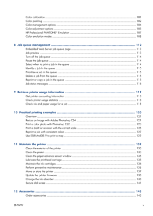 Page 5Color calibration .................................................................................................................. 101
Color profiling ............................................................................................................... ...... 102
Color-management options .................................................................................................... 1 04
Color-adjustment options...