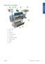 Page 13Front view 1.1m printer
1.Ink cartridge
2. Platen
3. Printhead
4. Printhead carriage
5. Front panel
6. Maintenance cartridge
7. Paper-load lever
8. Spindle
9. Bin
ENWW The printer’s main components
5
Introduction
 