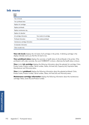Page 200Ink menu
View ink levels  
View printhead status   
Replace ink cartridges   
Replace printheads   
Replace maintenance ctg.   
Replace ink absorber   
Ink cartridge information View (color) ink cartridge 
Printhead information View (colors) printhead  
Maintenance cartridge information    
Ink absorber information   
Clean encoder strip   
View ink levels displays the ink levels of all cartridges  in the printer. A blinking cartridge in the
display indicates warns you that the ink level is low.
View...