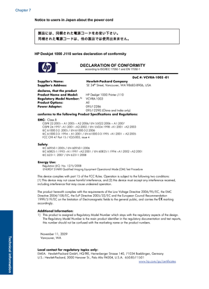 Page 46Notice to users in Japan about the power cord
HP Deskjet 1000 J110 series declaration of conformity
DECLARATION OF CONFORMITYaccording to ISO/IEC 17050-1 and EN 17050-1
DoC #: VCVRA-1003 -01 Supplier's Name: Hewlett-Packard Company Supplier's Address:  
declares, that the product 
SE 34th
Product Name and Model:  HP Deskjet 1000 Printer J110 
Street, Vancouver, WA 98683-8906, USA 
Regulatory Model Number:1)VCVRA-1003 Product Options: All Power Adapter: 0957-2286 0957-2290 (China and India only)...