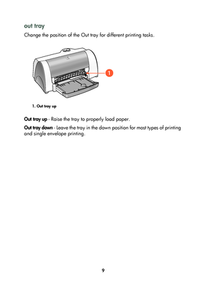 Page 119
out tray
Change the position of the Out tray for different printing tasks.
1. Out tray up
Out tray up - Raise the tray to properly load paper.
Out tray down - Leave the tray in the down position for most types of printing 
and single envelope printing. 
	

%
	 !
 