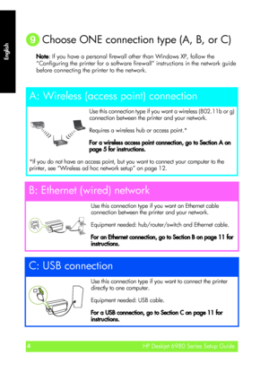 Page 4English
HP Deskjet 6980 Series Setup Guide4
HP Deskjet 6980 Series Setup Guide
English
	 Choose ONE connection type (A, B, or C)
Note: If you have a personal firewall other than Windows XP, follow the 
“Configuring the printer for a software firewall” instructions in the network guide 
before connecting the printer to the network.
A: Wireless (access point) connection
Use this connection type if you want a wireless (802.11b or g) 
connection between the printer and your network.
Requires a wireless hub...