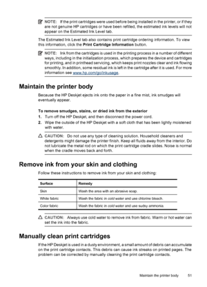 Page 53NOTE:If the print cartridges were used before being installed in the printer, or if they
are not genuine HP cartridges or have been refilled, the estimated ink levels will not
appear on the Estimated Ink Level tab.
The Estimated Ink Level tab also contains print cartridge ordering information. To view
this information, click the Print Cartridge Information button.
NOTE:Ink from the cartridges is used in the printing process in a number of different
ways, including in the initialization process, which...