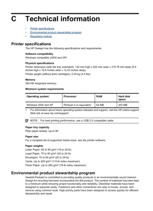 Page 80C Technical information
•Printer specifications
•
Environmental product stewardship program
•
Regulatory notices
Printer specifications
The HP Deskjet has the following specifications and requirements.
Software compatibility
Windows compatible (2000 and XP)
Physical specifications
Printer dimension (with the tray extended): 142 mm high x 422 mm wide x 315.76 mm deep (5.6
inches high x 16.6 inches wide x 12.43 inches deep)
Printer weight (without print cartridges): 2.04 kg (4.5 lbs)
Memory
384 KB...