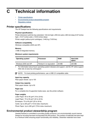 Page 108C Technical information
•Printer specifications
•
Environmental product stewardship program
•
Regulatory notices
Printer specifications
The HP Deskjet has the following specifications and requirements.
Physical specifications
Printer dimension (with the tray extended): 144 mm high x 459 mm wide x 480 mm deep (5.67 inches
high x 18.07 inches wide x 18.90 inches deep)
Printer weight (without print cartridges): 3.462 kg (7.635 lbs)
Software compatibility
Windows compatible (2000 and XP)
Memory
.5 MB of...