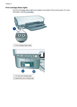 Page 14Print Cartridge Status lights
The Print Cartridge Status lights are located in the center of the control panel. For more
information, see 
Print cartridges.
1Print Cartridge Status lights
1Tri-color print cartridge light
2Black/Photo print cartridge light
Chapter 3
12 Get started
 