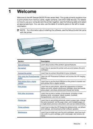 Page 71Welcome
Welcome to the HP Deskjet D4200 Printer series Help. This guide primarily explains how
to print photos from memory cards, digital cameras, and other USB devices. For details
on how to use your computer and the printer together, see the following table and select
an appropriate topic. You can also use the table of contents pane on the left to locate
information.
NOTE:For information about installing the software, see the Setup Guide that came
with the printer.
SectionDescription
Special...