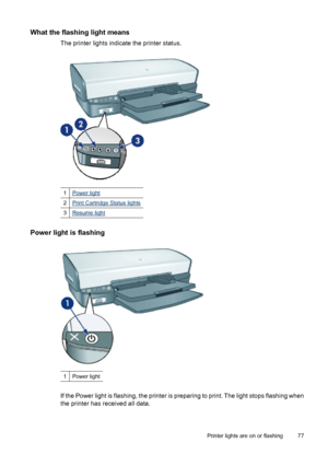 Page 79What the flashing light means
The printer lights indicate the printer status.
1Power light
2Print Cartridge Status lights
3Resume light
Power light is flashing 
1Power light
If the Power light is flashing, the printer is preparing to print. The light stops flashing when
the printer has received all data.
Printer lights are on or flashing 77
 