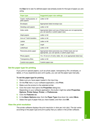 Page 36the Size list to see if a defined paper size already exists for the type of paper you are 
using.
Paper typeSuggested paper size settings
Copier, multi-purpose, or plain papersLetter or A4
EnvelopesAppropriate listed envelope size
Greeting-card papersLetter or A4
Index cardsAppropriate listed card size (if listed sizes are not appropriate, you can specify a custom paper size)
Inkjet papersLetter or A4
Iron-on T-shirt transfersLetter or A4
LabelsLetter or A4
LegalLegal
LetterheadLetter or A4
Panorama...