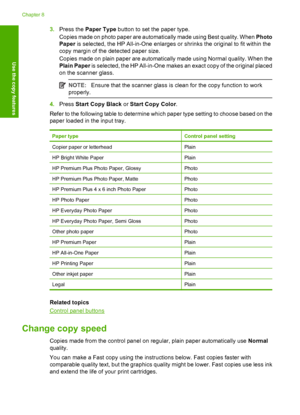 Page 573.Press the Paper Type button to set the paper type. 
Copies made on photo paper are automatically made using Best quality. When  Photo 
Paper  is selected, the HP All-in-One enlarges or shrinks the original to fit within the 
copy margin of the detected paper size. 
Copies made on plain paper are automatically made using Normal quality. When the 
Plain Paper  is selected, the HP All-in-One makes an exact copy of the original placed 
on the scanner glass.
NOTE: Ensure that the scanner glass is clean for...