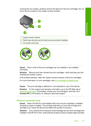 Page 129covering the ink nozzles, carefully remove the tape from the print cartridges. Do not 
touch the ink nozzles or the copper-colored contacts.
1Copper-colored contacts
2Plastic tape with pink pull tab (must be removed before installing)
3Ink nozzles under tape
Cause: One or both of the print cartridges are not installed or are installed 
incorrectly. 
Solution: Remove and then reinsert the print cartridges. Verify that they are fully 
inserted and locked in place. 
If the problem persists, clean the...