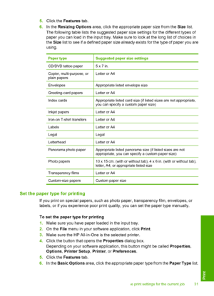 Page 335.Click the Features tab. 
6. In the Resizing Options area, click the appropriate paper size from the Size list. 
The following table lists the suggested paper size settings for the different types of 
paper you can load in the input tray. Make sure to look at the long list of choices in 
the  Size list to see if a defined paper size already exists for the type of paper you are 
using.
Paper typeSuggested paper size settings
CD/DVD tattoo paper5 x 7 in.
Copier, multi-purpose, or plain papersLetter or A4...