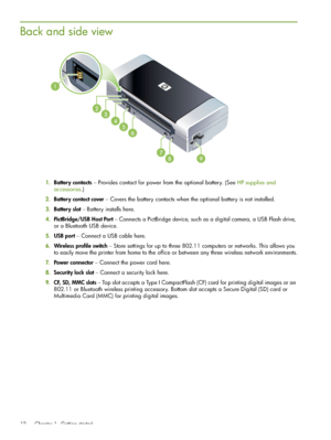 Page 12 Chapter 1 - Getting started 12
Back and side view
1.Battery contacts – Provides contact for power from the optional battery. (See HP supplies and 
accessories.)
2.Battery contact cover – Covers the battery contacts when the optional battery is not installed.
3.Battery slot – Battery installs here.
4.PictBridge/USB Host Port – Connects a PictBridge device, such as a digital camera, a USB Flash drive, 
or a Bluetooth USB device.
5.USB port – Connect a USB cable here.
6.Wireless profile switch – Store...