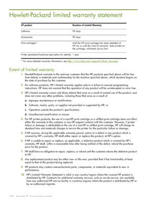 Page 116 Appendix C - Support and warranty 116
Hewlett-Packard limited warranty statement
* For more detailed warranty information, see http://www.hp.com/support/inkjet_warranty.
Extent of limited warranty
1.Hewlett-Packard warrants to the end-user customer that the HP products specified above will be free 
from defects in materials and workmanship for the duration specified above, which duration begins on 
the date of purchase by the customer.
2.For software products, HP’s limited warranty applies only to a...