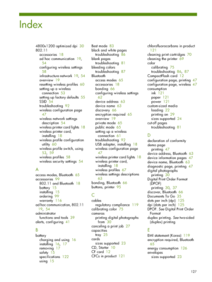 Page 127127
4800x1200 optimized dpi  30
802.11
accessories  18
ad hoc communication  19,  
54
configuring wireless settings  
58
infrastructure network  19,  54
overview  19
resetting wireless profiles  60
setting up a wireless 
connection  53
setting up factory defaults  55
SSID  54
troubleshooting  92
wireless configuration page  
47
wireless network settings 
description  54
wireless printer card lights  18
wireless printer card, 
installing  18
wireless profile configuration 
utility  60
wireless profile...