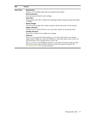 Page 41Managing the printer 41 Tabs Contents
Printer StatusSelected printer
Displays a list of installed printers that are supported by the Toolbox.
Ink level information
Shows estimated ink levels for each cartridge.
Po w e r  S t a t u s
Displays power source (AC or battery) and percentage of battery charge remaining if the battery 
is installed.
Wireless Strength
Shows the signal strength of the wireless connection between the printer and the computer.
Supplies information
Provides access to website...