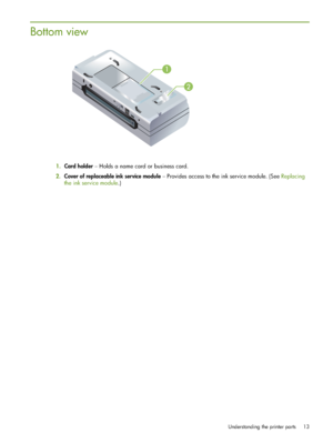 Page 13Understanding the printer parts 13
Bottom view
1.Card holder – Holds a name card or business card.
2.Cover of replaceable ink service module – Provides access to the ink service module. (See Replacing 
the ink service module.)
 