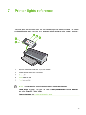 Page 1257 Printer lights reference
The printer lights indicate printer status and are useful for diagnosing printing problems. This section
contains information about the printer lights, what they indicate, and what action to take if necessary. 
1 Right print cartridge light (black, photo, or gray print cartridge)
2 Left print cartridge light (tri-color print cartridge)
3C
ANCEL button
4 R
ESUME button and light
5 P
OWER button and light
NOTE You can also find printer light descriptions in the following...