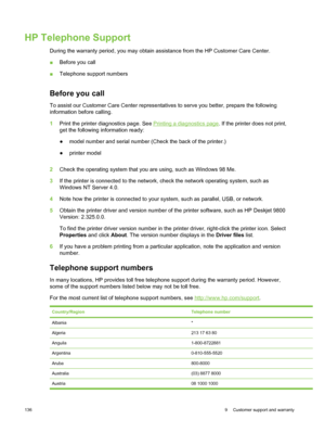 Page 146HP Telephone Support
During the warranty period, you may obtain assistance from the HP Customer Care Center.
■ Before you call
■ Telephone support numbers
Before you call
To assist our Customer Care Center representatives to serve you better, prepare the following
information before calling.
1Print the printer diagnostics page. See 
Printing a diagnostics page . If the printer does not print,
get the following information ready:
● model number and serial number (Check the back of the printer.)
● printer...