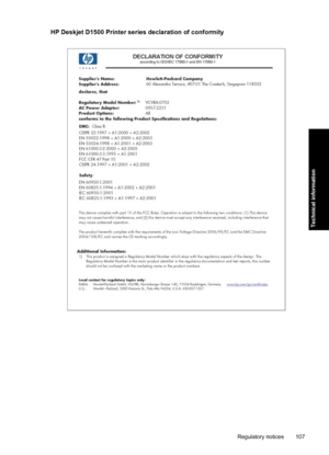 Page 110HP Deskjet D1500 Printer series declaration of conformity
Regulatory notices 107
Technical information
 