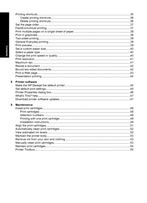 Page 5Printing shortcuts......................................................................................................................35
Create printing shortcuts....................................................................................................36
Delete printing shortcuts.....................................................................................................36
Set the page...