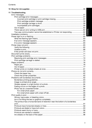 Page 610 Shop for ink supplies ............................................................................................................56
11 Troubleshooting
Error messages........................................................................................................................57
Print cartridge error messages...........................................................................................57
Incorrect print cartridge or print cartridge...