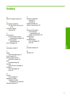 Page 59Index
A
after the support period 34
C
connection problems 
HP All-in-One will not turn
on 35
customer support 
warranty 34
E
environment
Environmental product 
stewardship program 50
environmental
specifications 49
error messages 42
I
ink-backup mode 31
P
paper 
recommended types 21 
phone support 33 
phone support period
period for support 33
print 
troubleshooting 38 
printing 
with one print cartridge 31 
problems 
error messages 42
print 38
R
recycle
ink cartridges 51
regulatory notices
regulatory...