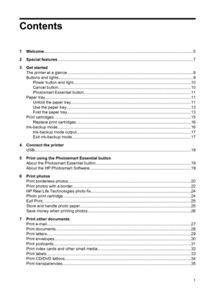 Page 3Contents
1Welcome....................................................................................................................................5
2 Special features........................................................................................................................7
3 Get started
The printer at a glance................................................................................................................8
Buttons and...