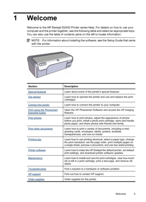 Page 71Welcome
Welcome to the HP Deskjet D2400 Printer series Help. For details on how to use your
computer and the printer together, see the following table and select an appropriate topic.
You can also use the table of contents pane on the left to locate information.
NOTE:For information about installing the software, see the Setup Guide that came
with the printer.
SectionDescription
Special featuresLearn about some of the printers special features.
Get startedLearn how to operate the printer and use and...