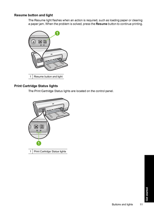 Page 14Resume button and light
The Resume light flashes when an action is required, such as loading paper or clearing 
a paper jam. When the problem is solved, press the  Resume button to continue printing.
1Resume button and light
Print Cartridge Status lights
The Print Cartridge Status lights are located on the control panel.
1Print Cartridge Status lights
Buttons and lights 11
Get started
 