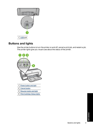 Page 121USB port
Buttons and lights
Use the printer buttons to turn the printer on and off, cancel a print job, and restart a job. 
The printer lights give you visual cues about the status of the printer.
1Power button and light
2Cancel button
3Resume button and light
4Print Cartridge Status lights
Buttons and lights 9
Get started
 