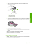 Page 697.Clean only the copper-colored contacts. Allow the print cartridges to dry for 
approximately ten minutes.
1Copper-colored contacts
2Ink nozzles (do not clean)
8. Hold the print cartridge with the HP logo on top, and insert the print cartridge back 
into the slot. Make sure you push the print cartridge in firmly until it snaps into
place.
9. Repeat if necessary for the other print cartridge. 
10. Gently close the print cartridge door and plug the power cord into the back of the 
product. 
Cause: The...