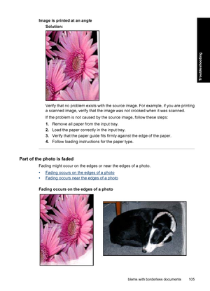 Page 108Image is printed at an angle
Solution:
Verify that no problem exists with the source image. For example, if you are printing
a scanned image, verify that the image was not crooked when it was scanned.
If the problem is not caused by the source image, follow these steps:
1.Remove all paper from the input tray.
2.Load the paper correctly in the input tray.
3.Verify that the paper guide fits firmly against the edge of the paper.
4.Follow loading instructions for the paper type.
Part of the photo is faded...