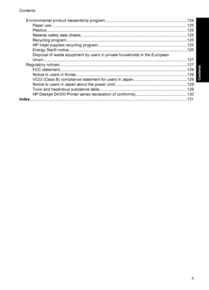 Page 8Environmental product stewardship program.........................................................................124
Paper use.........................................................................................................................125
Plastics.............................................................................................................................125
Material safety data...