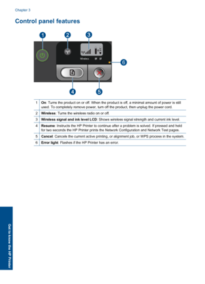Page 12Control panel features
Wireless
6
1On: Turns the product on or off. When the product is off, a minimal amount of power is still 
used. To completely remove power, turn off the product, then unplug the power cord.
2Wireless : Turns the wireless radio on or off.
3Wireless signal and ink level LCD: Shows wireless signal strength and current ink level.
4Resume: Instructs the HP Printer to continue after a problem is solved. If pressed and held 
for two seconds the HP Printer prints the Network Configuration...