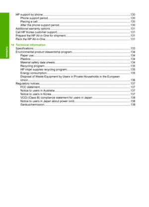 Page 6HP support by phone..............................................................................................................130 
Phone support period.......................................................................................................130 
Placing a call................................................................................................................. ...130 
After the phone support...