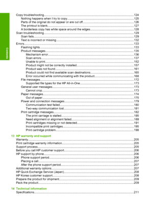 Page 7Copy troubleshooting..............................................................................................................124 
Nothing happens when I try  to copy.................................................................................125 
Parts of the original do no t appear or are cut off..............................................................126 
The printout is blank.........................................................................................................1 27 
A...