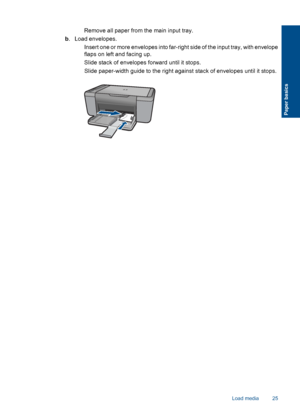 Page 28
 Remove all paper from the main input tray.
b . Load envelopes.
 Insert one or more envelope s into far-right side of the input tray, with envelope
flaps on left and facing up.
 Slide stack of envelopes forward until it stops.
 Slide paper-width guide to the right against stack of envelopes until it stops.
Load media 25
Paper basics
 