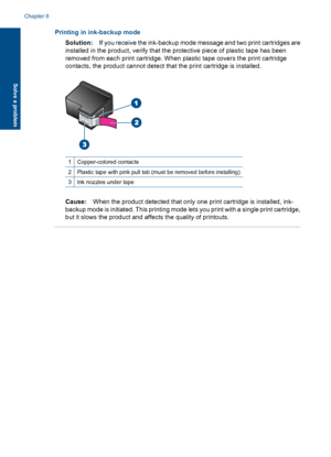 Page 57
Printing in ink-backup modeSolution: If you receive the ink-backup mode message and two print cartridges are
installed in the product, verify that the protective piece of plastic tape has been
removed from each print cartridge. When plastic tape covers the print cartridge
contacts, the product cannot detect that the print cartridge is installed.
1Copper-colored contacts
2Plastic tape with pink pull tab (must be removed before installing)
3Ink nozzles under tape
Cause: When the product detected that only...